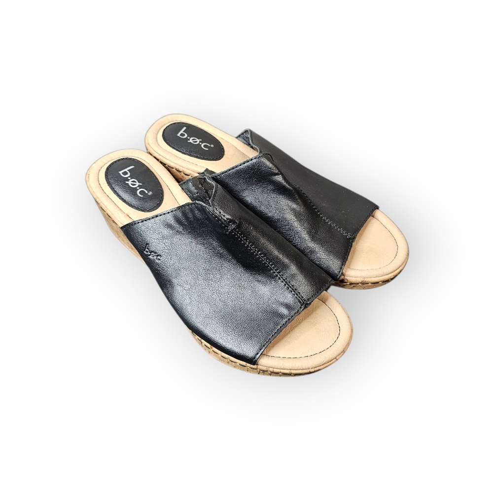 b.o.c. Born Concept Black Leather Wedge Slide Sandals Women’s Size 8 Comfort - Picture 2 of 6